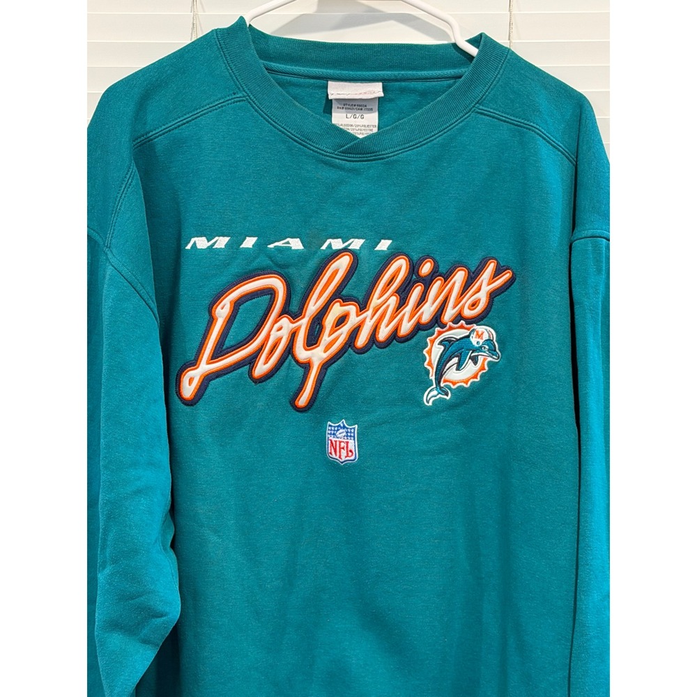 Vintage Mens Miami Dolphins Reebok Teal NFL Embroidered Crewneck Sweatshirt Sz L - Picture 2 of 7